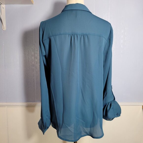 Elle Small Teal Longsleeve Scalloped Trim Dressy Hidden Button Up Blouse - Picture 7 of 11